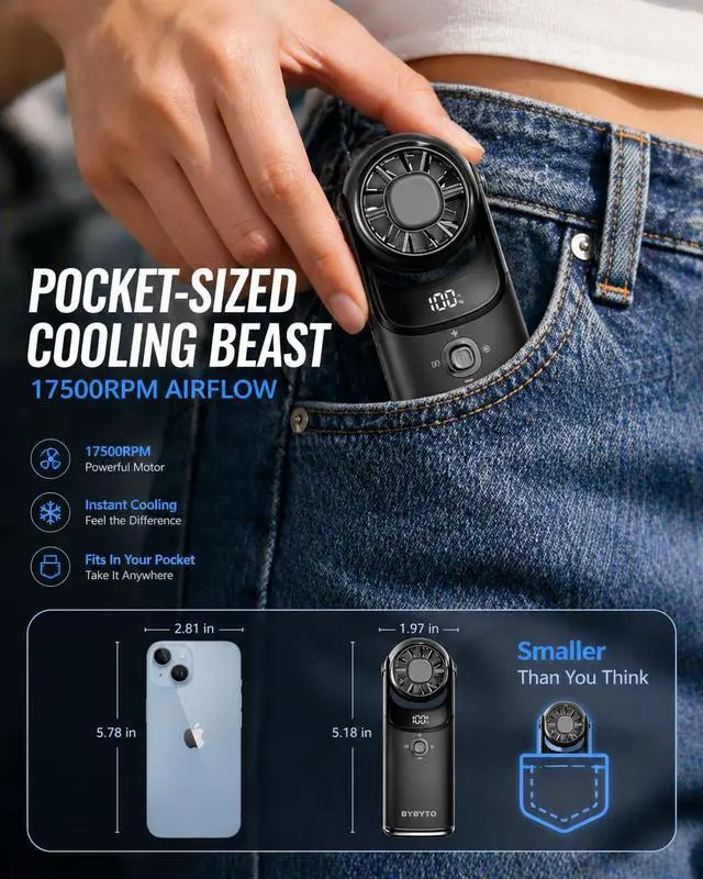 Alt view image 2 of 7 - Mini Handheld Portable Turbo Fan with Cooling Plate, Pocket Size Metal Fan Rechargeable with 100 Speeds, Digital Display, 180° Adjustable Head for Travel Outdoor, Gifts for Women, Men
