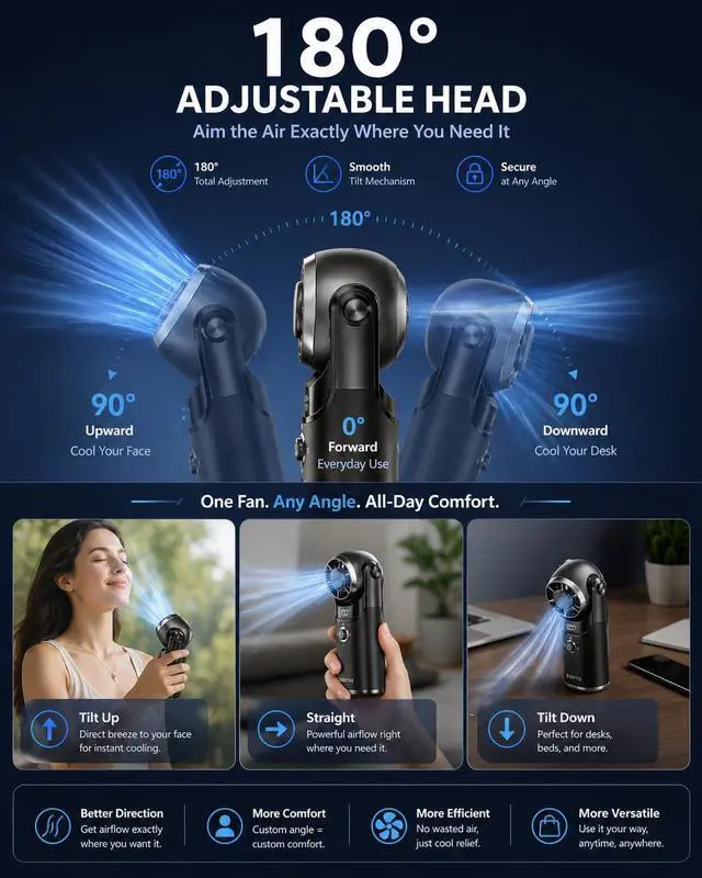 Alt view image 7 of 7 - Mini Handheld Portable Turbo Fan with Cooling Plate, Pocket Size Metal Fan Rechargeable with 100 Speeds, Digital Display, 180° Adjustable Head for Travel Outdoor, Gifts for Women, Men