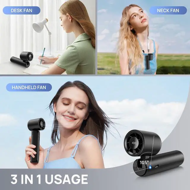 Alt view image 4 of 7 - 2026 Upgraded Portable Handheld Turbo Fan Personal fan 18000RPM Speed Adjustable, 3-IN-1 Rechargeable Fan with LED Display, Travel Essentials, Gifts for Women Men Outdoor Indoor (Black)
