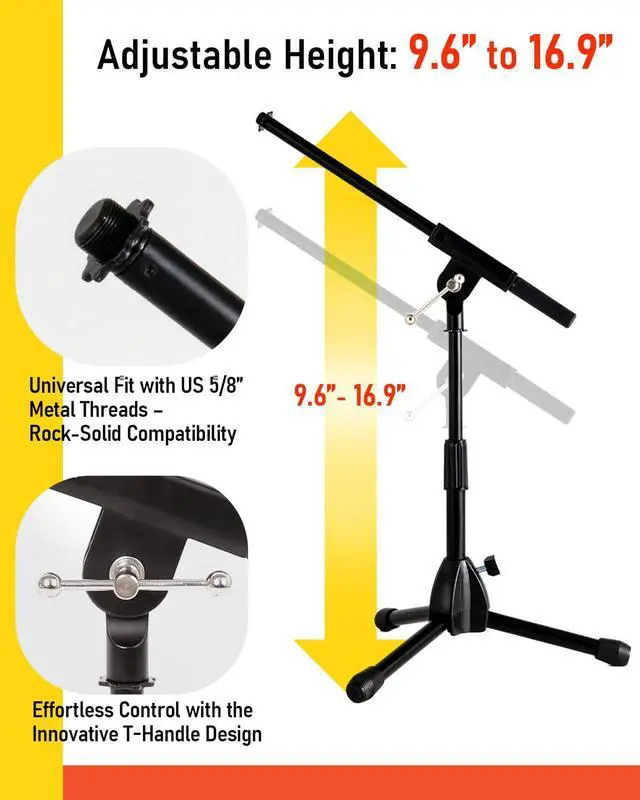 Alt view image 5 of 7 - Foldable Tripod Low-Profile Mic Boom Stand - Height Extending from 9.6'' to 16.9'', w/Adjustable Telescoping Arm Up to 9'', Lightweight/Convenient, Black, Powered by Hamilton(SR610121B)