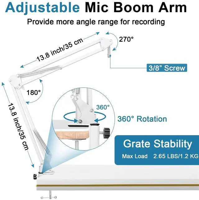 Alt view image 3 of 7 - White Boom Arm for Hyperx Quadcast S, Adjustable Hyperx Quadcast White Mic Stand Microphone Arm Compatible with Hyperx Quadcast with Pop Filter,Mic Cover, By ChromLives