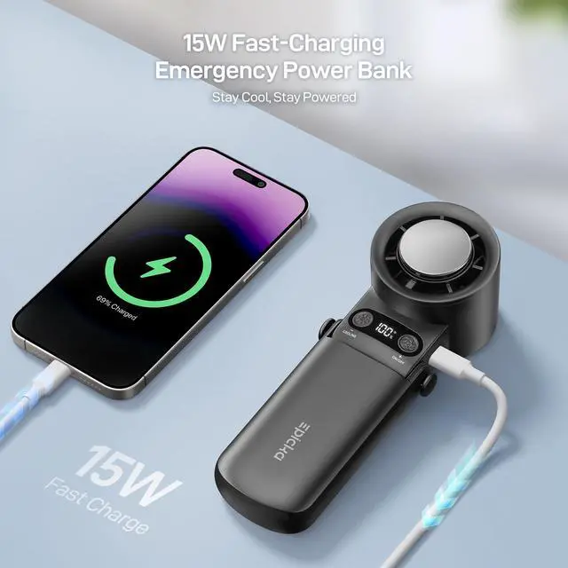 Alt view image 5 of 7 - Portable Handheld Fan with Ice Cooler - 25H Runtime, Rechargeable 6800mAh Personal Turbo Fan with Power Bank, Fast Charging, 0-100 Speed, Gifts for Women, Summer Travel Essentials, Black
