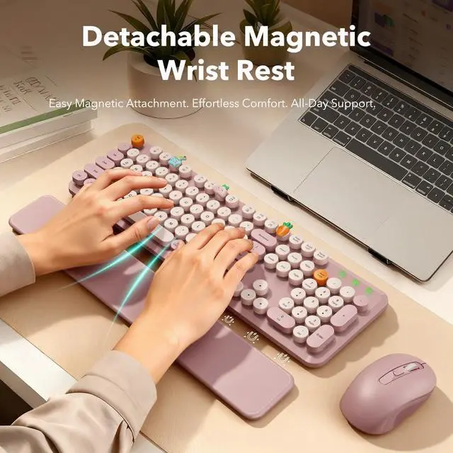 Alt view image 2 of 7 - Wireless Keyboard and Mouse Combo, Full-Size Typewriter-Style Keyboard with Round Keycaps, Magnetic Wrist Rest, Tilt Legs, 2.4GHz Cordless for Mac, Windows PC, Laptop, SABLUTE CK23, Dusty Rose