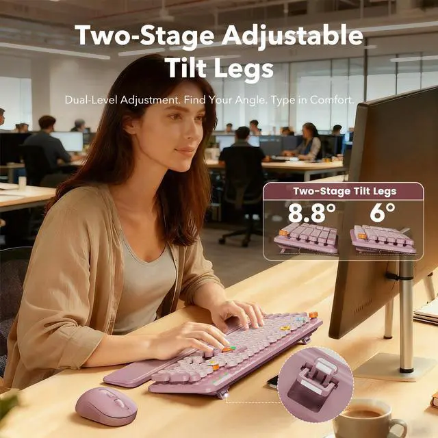 Alt view image 3 of 7 - Wireless Keyboard and Mouse Combo, Full-Size Typewriter-Style Keyboard with Round Keycaps, Magnetic Wrist Rest, Tilt Legs, 2.4GHz Cordless for Mac, Windows PC, Laptop, SABLUTE CK23, Dusty Rose