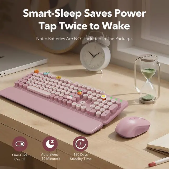 Alt view image 5 of 7 - Wireless Keyboard and Mouse Combo, Full-Size Typewriter-Style Keyboard with Round Keycaps, Magnetic Wrist Rest, Tilt Legs, 2.4GHz Cordless for Mac, Windows PC, Laptop, SABLUTE CK23, Dusty Rose