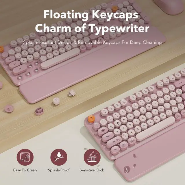 Alt view image 4 of 7 - Wireless Keyboard and Mouse Combo, Full-Size Typewriter-Style Keyboard with Round Keycaps, Magnetic Wrist Rest, Tilt Legs, 2.4GHz Cordless for Mac, Windows PC, Laptop, SABLUTE CK23, Dusty Rose