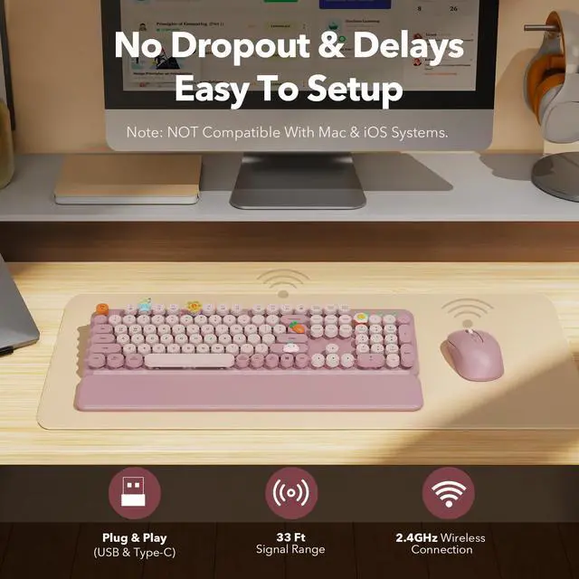 Alt view image 7 of 7 - Wireless Keyboard and Mouse Combo, Full-Size Typewriter-Style Keyboard with Round Keycaps, Magnetic Wrist Rest, Tilt Legs, 2.4GHz Cordless for Mac, Windows PC, Laptop, SABLUTE CK23, Dusty Rose