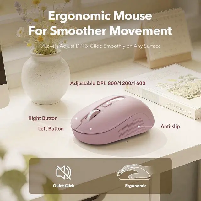 Alt view image 6 of 7 - Wireless Keyboard and Mouse Combo, Full-Size Typewriter-Style Keyboard with Round Keycaps, Magnetic Wrist Rest, Tilt Legs, 2.4GHz Cordless for Mac, Windows PC, Laptop, SABLUTE CK23, Dusty Rose