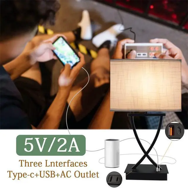 Alt view image 6 of 7 - 3-Way Dimmable Touch Control Medium Table Lamp with Type C/USB Charging Port and 1 AC Outlet White Shade 21.38" Bedside Nightstand Lamp for Bedroom Living Room Office and Hotel Bulb Included