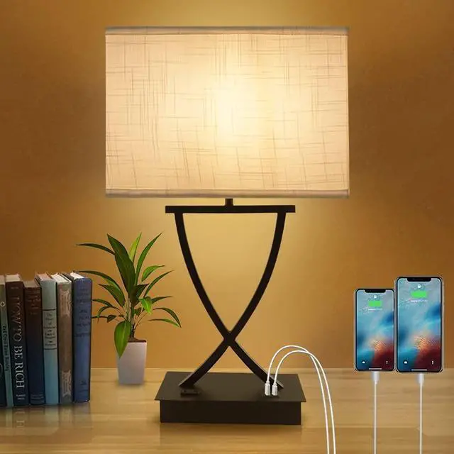 Main image of 3-Way Dimmable Touch Control Medium Table Lamp with Type C/USB Charging Port and 1 AC Outlet White Shade 21.38" Bedside Nightstand Lamp for Bedroom Living Room Office and Hotel Bulb Included