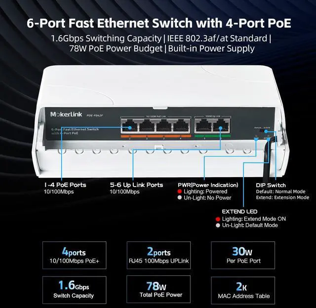 Alt view image 4 of 7 - 6 Port Outdoor POE Switch, 4 POE+ Ports, 2 UpLink, 10/100Mbps, 78W IEEE802.3af/at, Weatherproof Unmanaged Plug and Play Fanless Switch