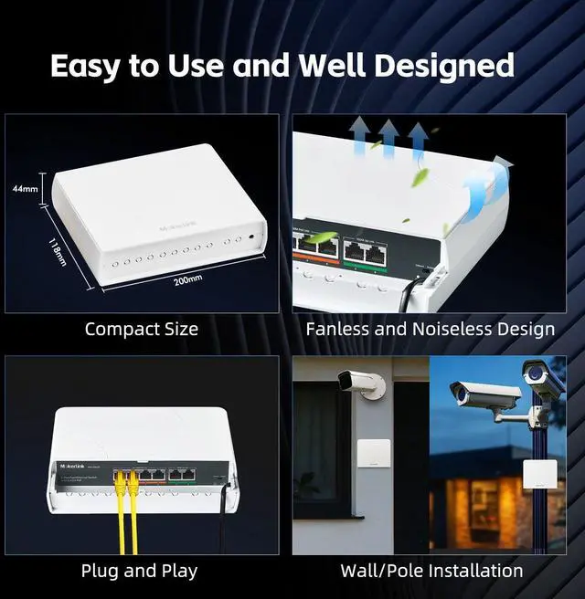 Alt view image 6 of 7 - 6 Port Outdoor POE Switch, 4 POE+ Ports, 2 UpLink, 10/100Mbps, 78W IEEE802.3af/at, Weatherproof Unmanaged Plug and Play Fanless Switch