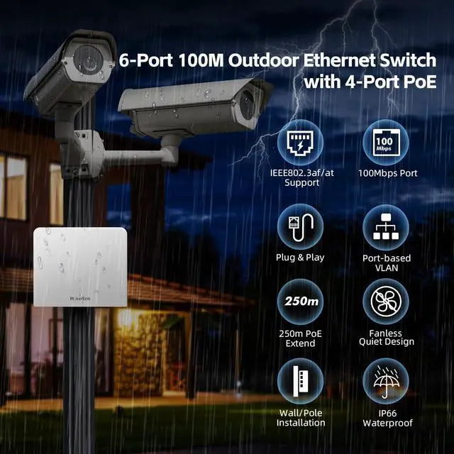 Alt view image 2 of 7 - 6 Port Outdoor POE Switch, 4 POE+ Ports, 2 UpLink, 10/100Mbps, 78W IEEE802.3af/at, Weatherproof Unmanaged Plug and Play Fanless Switch