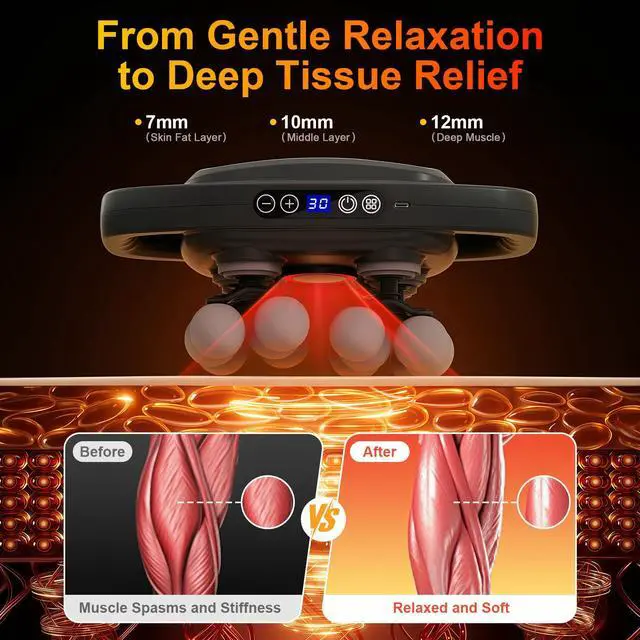Alt view image 5 of 7 - Cordless Neck and Back Massager with Heat, 12 Professional Massage Heads, 30 Adjustable Intensity Levels, 3 Massage Modes for Deep Tissue Relief, Includes Bonus 4 Heads & Shoulder Strap