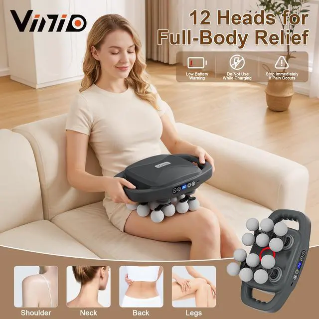 Alt view image 2 of 7 - Cordless Neck and Back Massager with Heat, 12 Professional Massage Heads, 30 Adjustable Intensity Levels, 3 Massage Modes for Deep Tissue Relief, Includes Bonus 4 Heads & Shoulder Strap
