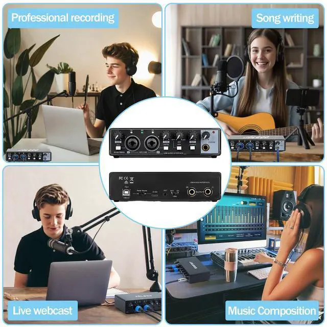 Alt view image 4 of 6 - 2x2 USB Audio Interface, 24-Bit/192kHz Professional Audio Interface for Recording, Streaming and Podcasting, with +48V Phantom Power, Low Latency, Works with Mac/PC/Smartphone