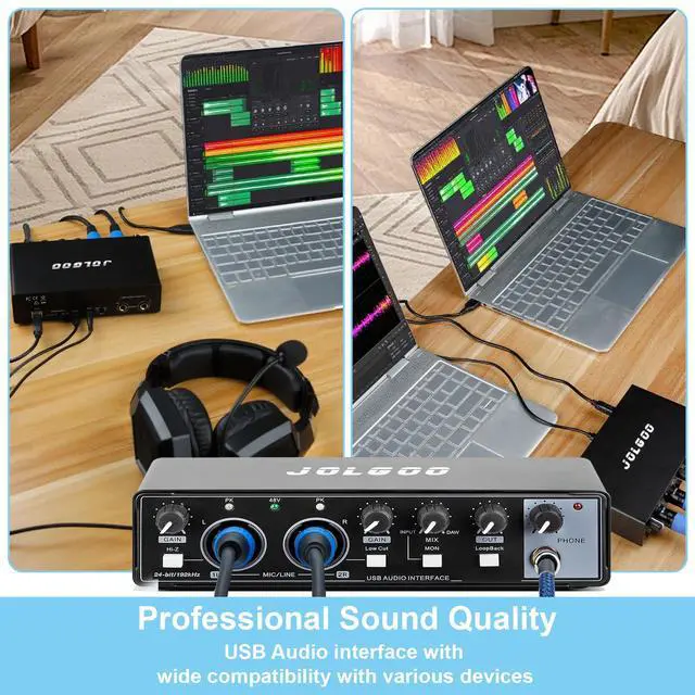 Alt view image 5 of 6 - 2x2 USB Audio Interface, 24-Bit/192kHz Professional Audio Interface for Recording, Streaming and Podcasting, with +48V Phantom Power, Low Latency, Works with Mac/PC/Smartphone