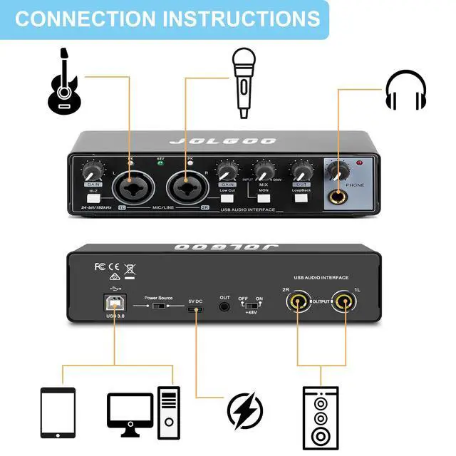 Alt view image 2 of 6 - 2x2 USB Audio Interface, 24-Bit/192kHz Professional Audio Interface for Recording, Streaming and Podcasting, with +48V Phantom Power, Low Latency, Works with Mac/PC/Smartphone