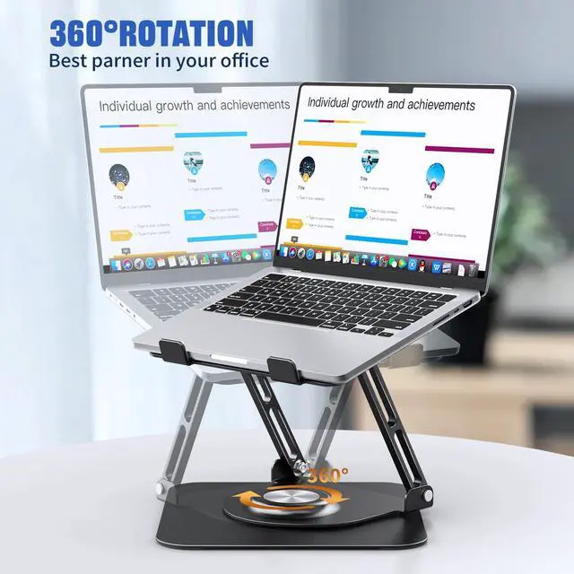 Alt view image 2 of 6 - Laptop Stand for Desk, Adjustable Computer Stand with 360° Rotating Base, Ergonomic Laptop Riser for Collaborative Work, Foldable & Portable Laptop Stand, fits for All 10-16" Laptops