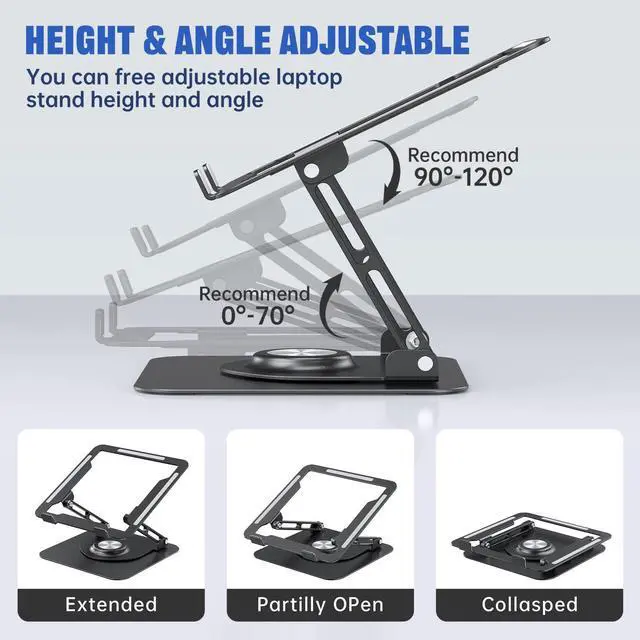 Alt view image 3 of 6 - Laptop Stand for Desk, Adjustable Computer Stand with 360° Rotating Base, Ergonomic Laptop Riser for Collaborative Work, Foldable & Portable Laptop Stand, fits for All 10-16" Laptops