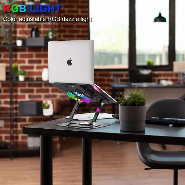 Alt view image 3 of 7 - Laptop Stand,with 360°Rotating Base,External Cooling Fan,Adjustable RGB Lighting,Ergonomic Foldable Notebook Computer Holder.Compatible with All 10-17" Laptops Tablets,Black