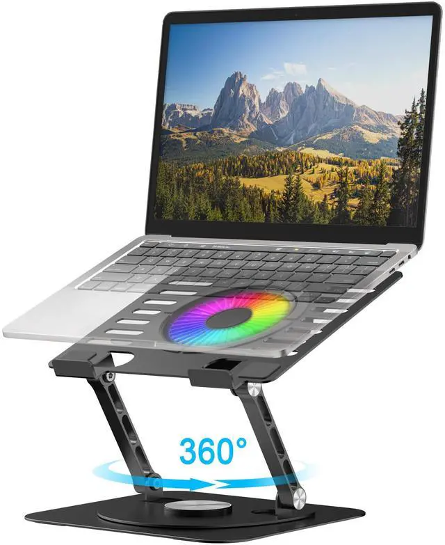 Main image of Laptop Stand,with 360°Rotating Base,External Cooling Fan,Adjustable RGB Lighting,Ergonomic Foldable Notebook Computer Holder.Compatible with All 10-17" Laptops Tablets,Black