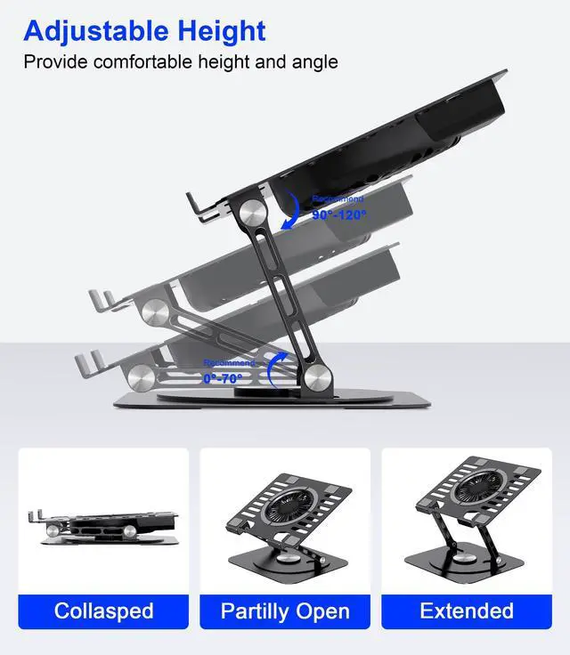 Alt view image 5 of 7 - Laptop Stand,with 360°Rotating Base,External Cooling Fan,Adjustable RGB Lighting,Ergonomic Foldable Notebook Computer Holder.Compatible with All 10-17" Laptops Tablets,Black