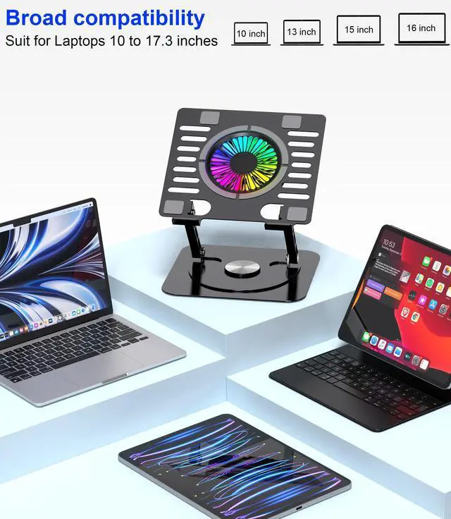 Alt view image 7 of 7 - Laptop Stand,with 360°Rotating Base,External Cooling Fan,Adjustable RGB Lighting,Ergonomic Foldable Notebook Computer Holder.Compatible with All 10-17" Laptops Tablets,Black