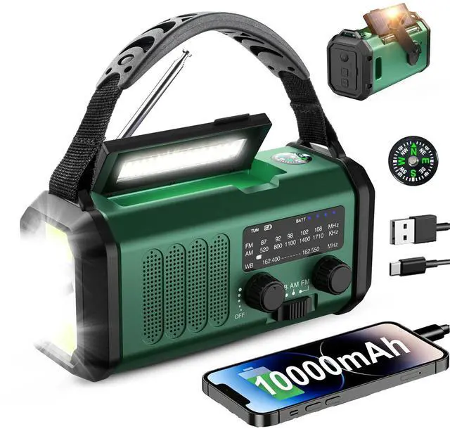 Main image of Hand Crank Emergency Radio, NOAA Weather Radio with AM/FM Solar Radio,10000mAh Rechargeable Battery Powered, USB-C Charger, Flashlight, SOS Alarm, for Camping, Hurricanes Outdoor Survival Emergencies