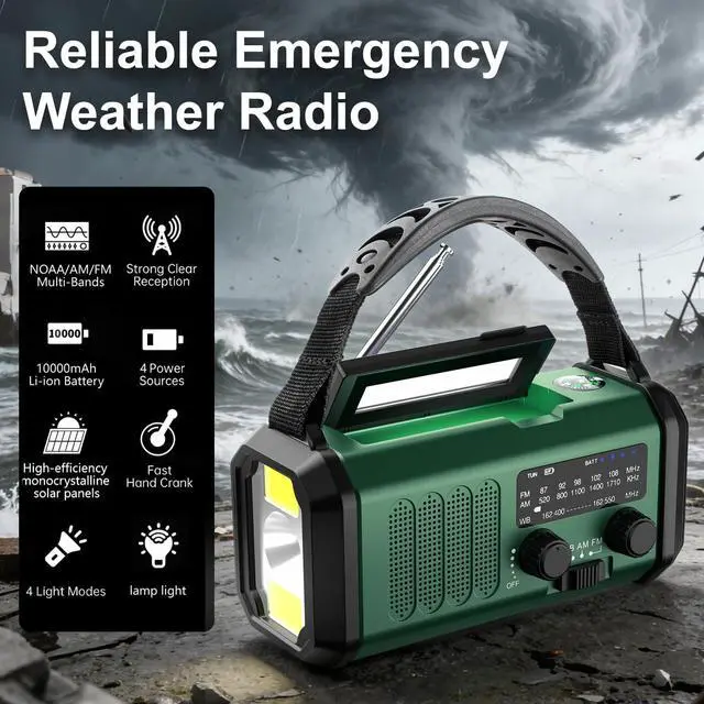 Alt view image 2 of 7 - Hand Crank Emergency Radio, NOAA Weather Radio with AM/FM Solar Radio,10000mAh Rechargeable Battery Powered, USB-C Charger, Flashlight, SOS Alarm, for Camping, Hurricanes Outdoor Survival Emergencies