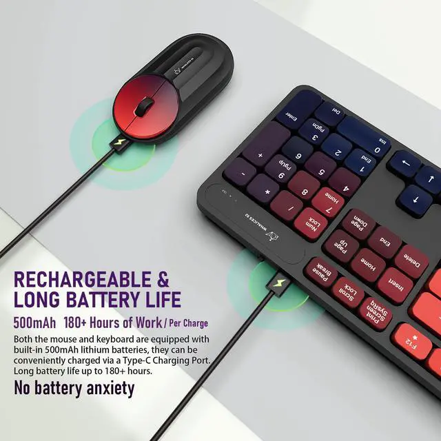 Alt view image 5 of 7 - Colorful Computer Wireless Keyboard Mouse Combos, Rechargeable 2.4GHz Cordless Full-Sized Keyboard and Mouse, Compatible with PC/Laptop/Desktop for School & Home Office(Black-Colorful)