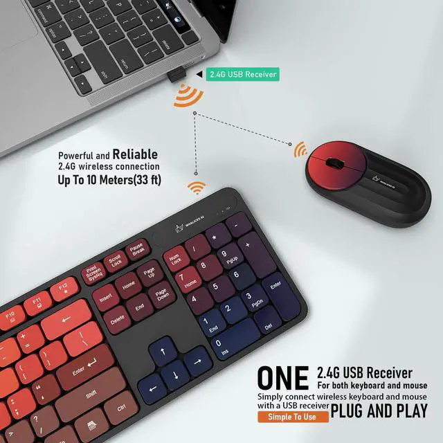 Alt view image 4 of 7 - Colorful Computer Wireless Keyboard Mouse Combos, Rechargeable 2.4GHz Cordless Full-Sized Keyboard and Mouse, Compatible with PC/Laptop/Desktop for School & Home Office(Black-Colorful)