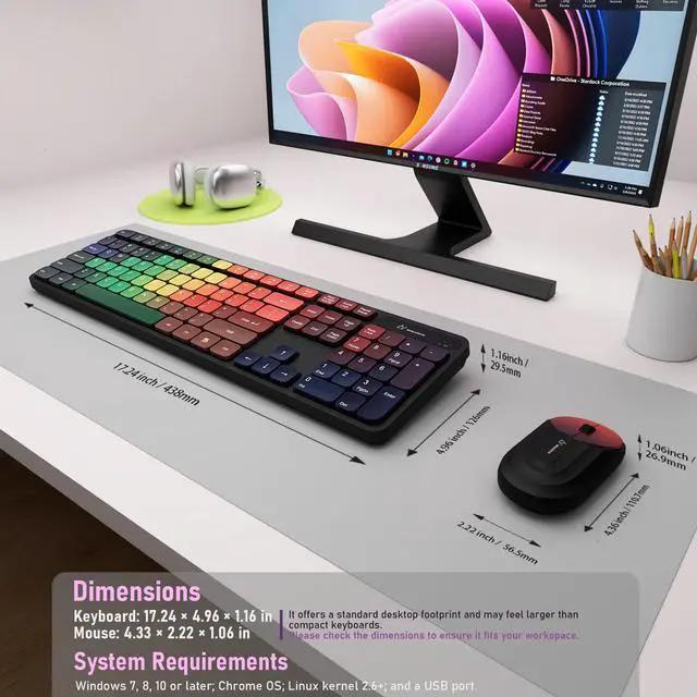 Alt view image 7 of 7 - Colorful Computer Wireless Keyboard Mouse Combos, Rechargeable 2.4GHz Cordless Full-Sized Keyboard and Mouse, Compatible with PC/Laptop/Desktop for School & Home Office(Black-Colorful)