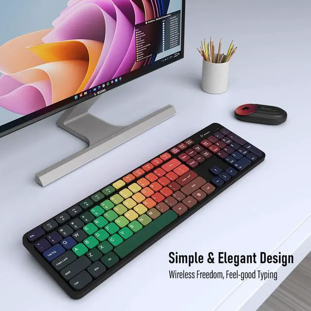 Alt view image 3 of 7 - Colorful Computer Wireless Keyboard Mouse Combos, Rechargeable 2.4GHz Cordless Full-Sized Keyboard and Mouse, Compatible with PC/Laptop/Desktop for School & Home Office(Black-Colorful)