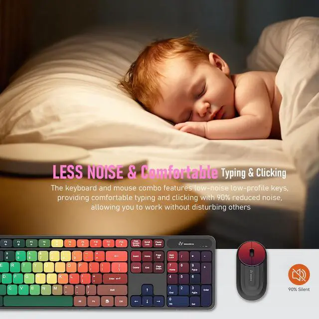 Alt view image 6 of 7 - Colorful Computer Wireless Keyboard Mouse Combos, Rechargeable 2.4GHz Cordless Full-Sized Keyboard and Mouse, Compatible with PC/Laptop/Desktop for School & Home Office(Black-Colorful)