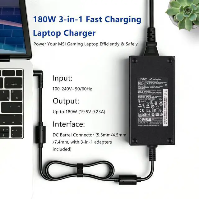 Alt view image 4 of 7 - 180W AC Power Adapter Compatible with MSI Gaming Laptop Thin GF63 GF65 GF75, Katana GF66 GF76, Stealth GS63 GS65, 19.5V 9.23A