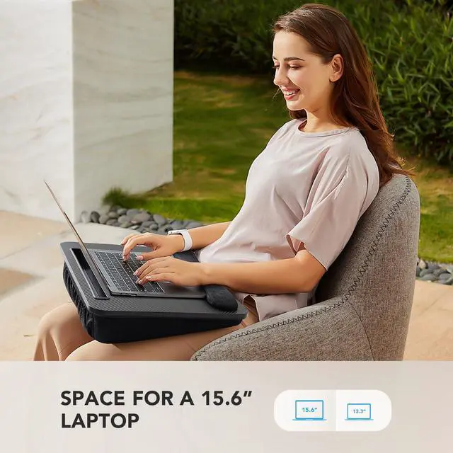 Alt view image 2 of 7 - Laptop Lap Desk - Portable Lap Desk with Pillow Cushion, Fits up to 15.6 inch Laptop, with Anti-Slip Strip & Storage Function for Home Office Students Use as Computer Laptop Stand- Black