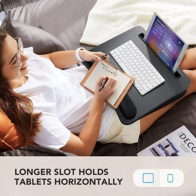 Alt view image 5 of 7 - Laptop Lap Desk - Portable Lap Desk with Pillow Cushion, Fits up to 15.6 inch Laptop, with Anti-Slip Strip & Storage Function for Home Office Students Use as Computer Laptop Stand- Black