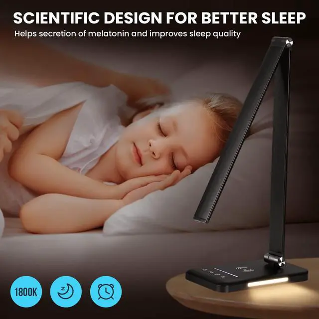 Alt view image 3 of 5 - LED Desk Lamp with Night Light, Fast Wireless Charger, USB Charging Port, 10 Brightness, 5 Color Modes, Dimmable Bedside Table Lamp for Bedroom, Touch Control, Auto Timer, 1200Lux Super Bright