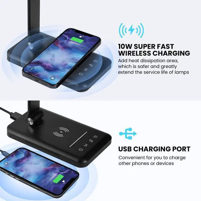 Alt view image 2 of 5 - LED Desk Lamp with Night Light, Fast Wireless Charger, USB Charging Port, 10 Brightness, 5 Color Modes, Dimmable Bedside Table Lamp for Bedroom, Touch Control, Auto Timer, 1200Lux Super Bright