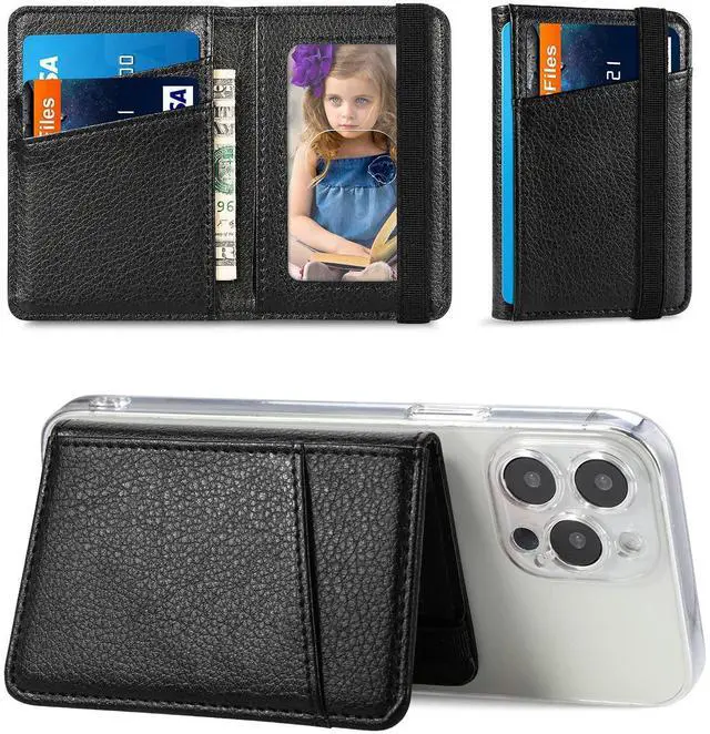 Main image of Wallet Stick on Phone Case, Credit Card Holder for Back of Phone Cases Flip Leather Wallet Sleeve Pouch Compatible with iPhone, Samsung Galaxy Android Most Smartphones Black