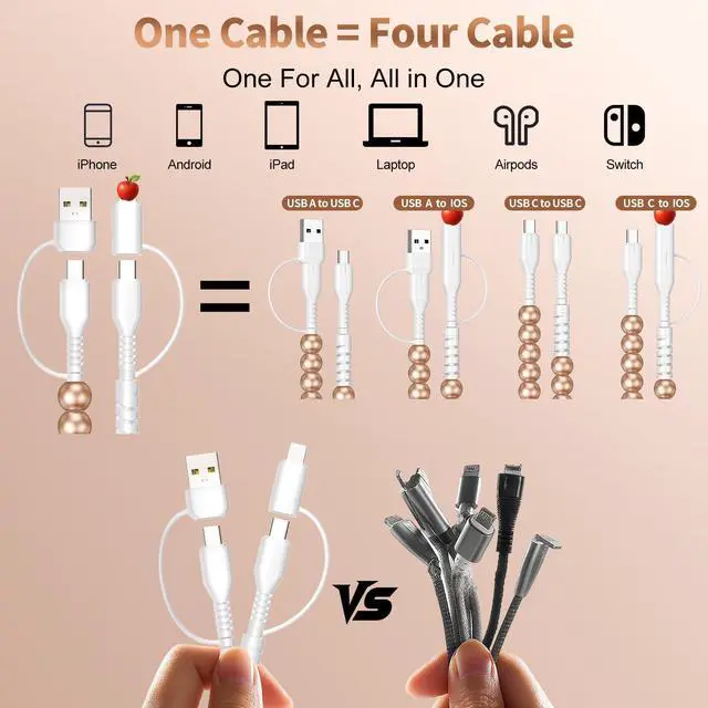 Alt view image 5 of 7 - for iPhone 17 16 Pro Charger Cord 4 in 1 USB C Charger Cable 3FT Multi Beaded Phone Charger Cord USB Fast Charging Cable for iPhone 15 14 13 12 MacBook iPad, for Samsung Galaxy S25 S24 Gold