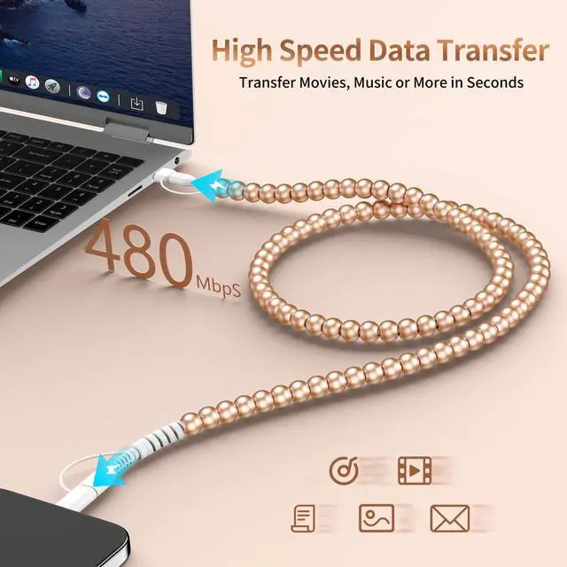 Alt view image 3 of 7 - for iPhone 17 16 Pro Charger Cord 4 in 1 USB C Charger Cable 3FT Multi Beaded Phone Charger Cord USB Fast Charging Cable for iPhone 15 14 13 12 MacBook iPad, for Samsung Galaxy S25 S24 Gold