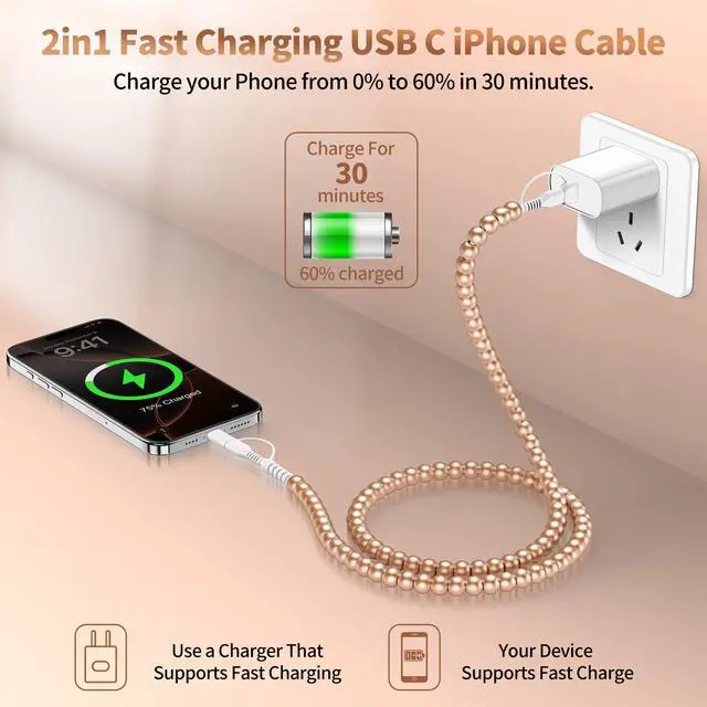 Alt view image 2 of 7 - for iPhone 17 16 Pro Charger Cord 4 in 1 USB C Charger Cable 3FT Multi Beaded Phone Charger Cord USB Fast Charging Cable for iPhone 15 14 13 12 MacBook iPad, for Samsung Galaxy S25 S24 Gold