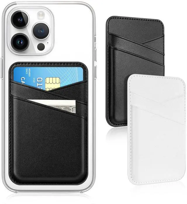 Main image of Phone Wallet Stick On - Leather Safe Card Holder for iPhone and Samsung Case, Minimalist Double Pocket Back of Cell Phone, Compatible With iPhone 16/15/14/13/12 Series, Black White (2 Pack)