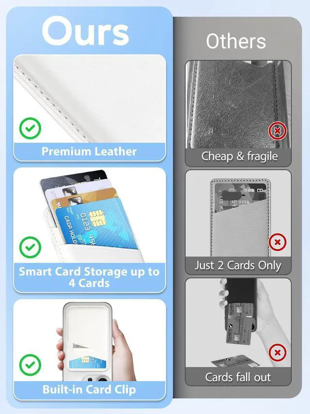 Alt view image 4 of 5 - Phone Wallet Stick On - Leather Safe Card Holder for iPhone and Samsung Case, Minimalist Double Pocket Back of Cell Phone, Compatible With iPhone 16/15/14/13/12 Series, Black White (2 Pack)