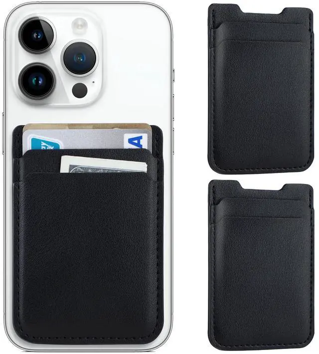 Main image of 2Pack Phone Wallet Stick on, Card Holder for Back of Phone Case, Leather Credit Card Holder for Cell Phone Sticky Wallet Double Pocket Sticker for iPhone, Android, Samsung-Black