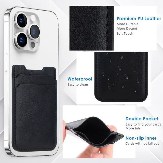 Alt view image 4 of 6 - 2Pack Phone Wallet Stick on, Card Holder for Back of Phone Case, Leather Credit Card Holder for Cell Phone Sticky Wallet Double Pocket Sticker for iPhone, Android, Samsung-Black