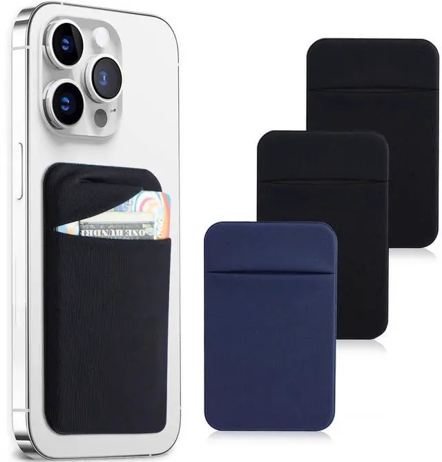 Main image of 3Pack Cell Phone Card Holder Pocket for Back of Phone,Stretchy Stick on Wallet Credit Card ID Case Pouch Sleeve Self Adhesive Sticker with Flap for iPhone Samsung Galaxy-2Black+1Navy Blue