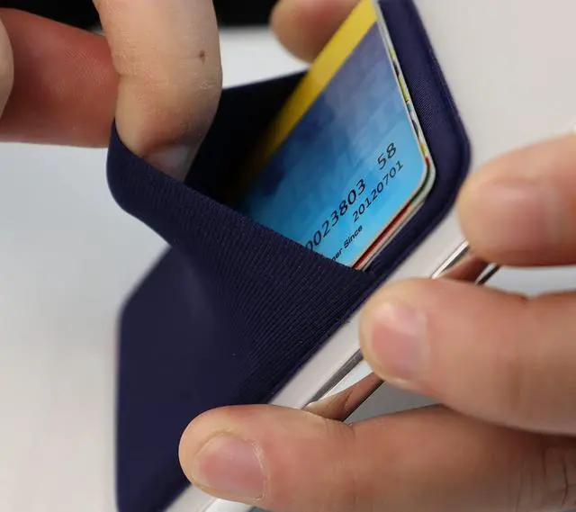 Alt view image 6 of 7 - 3Pack Cell Phone Card Holder Pocket for Back of Phone,Stretchy Stick on Wallet Credit Card ID Case Pouch Sleeve Self Adhesive Sticker with Flap for iPhone Samsung Galaxy-2Black+1Navy Blue